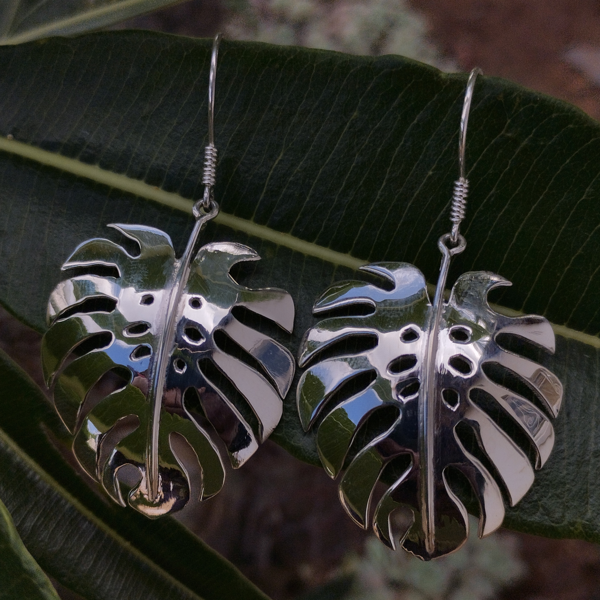 African Chunky Silver Monstera Leaf inspired earrings, Made in Zimbabwe, Africa, Handmade, Botanical, Tropical 