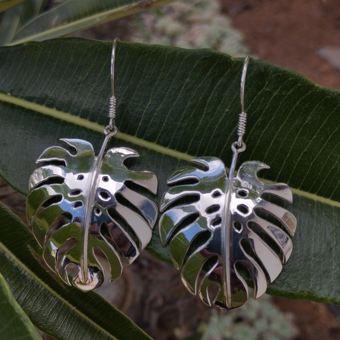 Sterling Silver Monstera Earrings, Made in Zimbabwe, Africa's stylish dangle Monstera 